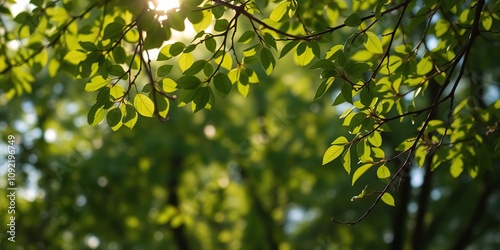 Softly focused leaves and branches of trees set against a blurred backdrop of sunlight filtering through, sunlit foliage, garden scene