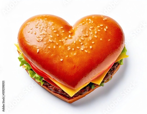 Delicious heart-shaped burger with fresh ingredients and a golden bun. photo