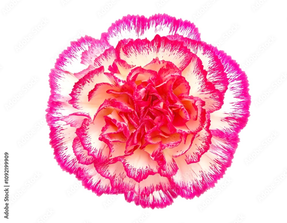 Vibrant pink carnation flower against a white background, symbolizing love and beauty. Vibrant pink carnation flower against a white background, symbolizing love and beauty.