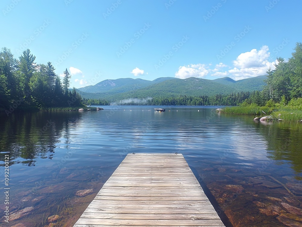 Serene lake view with a wooden dock surrounded by mountains and trees. Serene lake view with a wooden dock surrounded by mountains and trees.