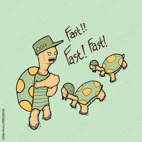 Illustrator Artwork Vector illustration of turtle captain shouting to turtle soldiers with isolated background