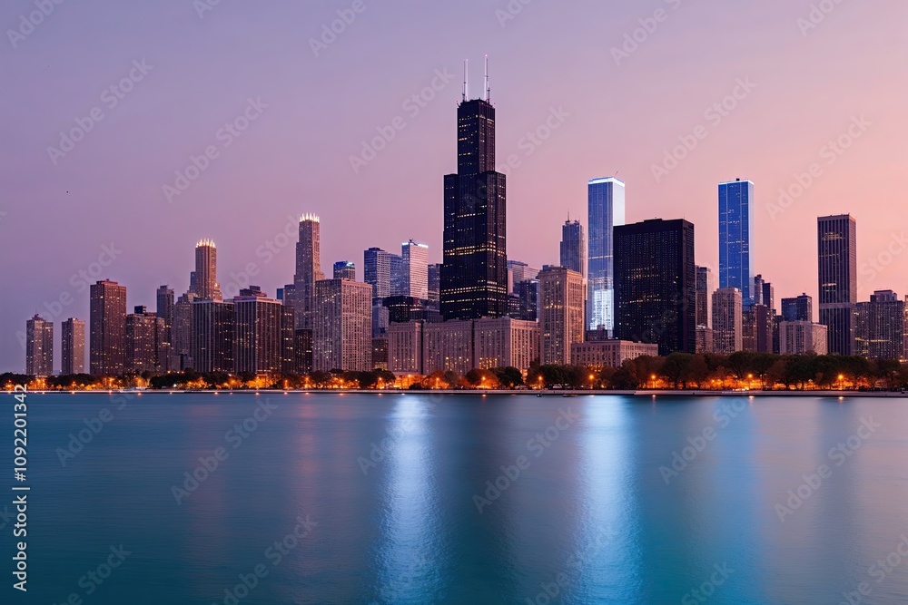 Obraz premium Dreamy Chicago Skyline at Twilight with Background-Lit Skyscrapers on a Soft Pastel Background