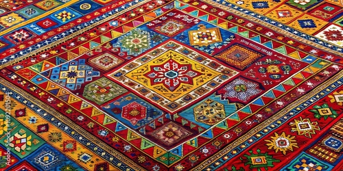 Aerial View of a Colorful Geometric Carpet Featuring Vibrant Textures and Bold Hues on a Plain Background, Showcasing Intricate Patterns in Red, Blue, Yellow, and Green