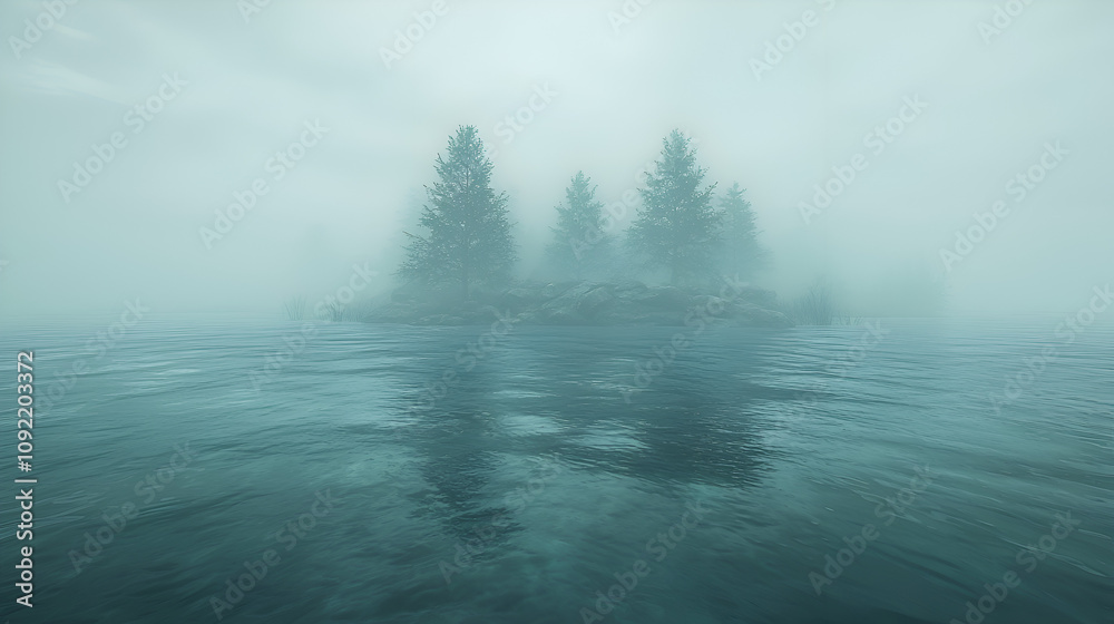 Misty Morning Fog Over Tranquil Lake Surrounded by Trees and Scenic Island