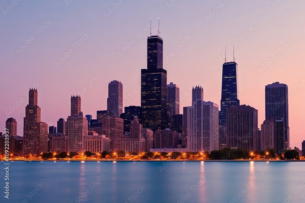 Obraz premium Twilight Chicago Skyline with Illuminated Skyscrapers Against Soft Pastel Horizon