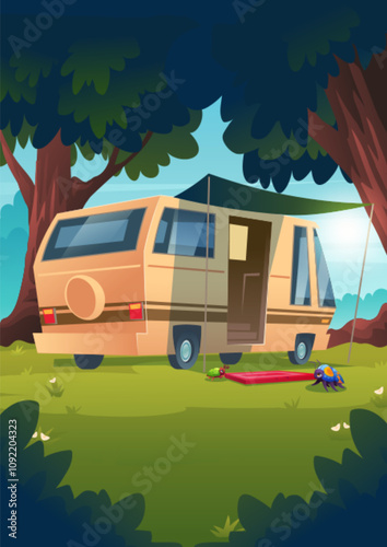 Beige camper van parked on grass in forest among tall trees. Red doormat welcomes visitors. Colorful cartoon beetles crawl beneath vehicle. Trailer for outdoor adventure and camping eco tourism.