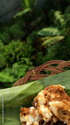 Awug Beras, Steamed Rice Flour, Shredded Coconut, and Palm Sugar, Popular Street Food from Bandung, West Java, Indonesia. Copy space photo