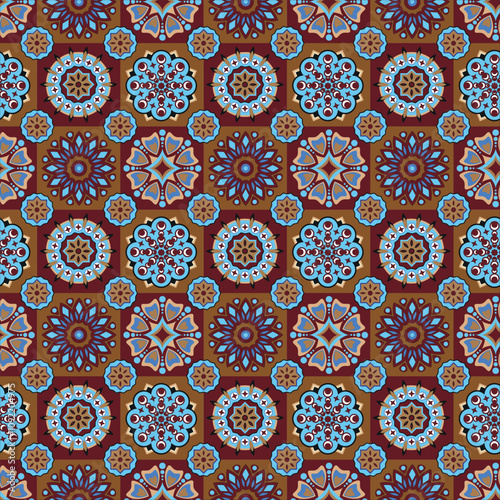 Decorative flowers blue and brown color seamless pattern.