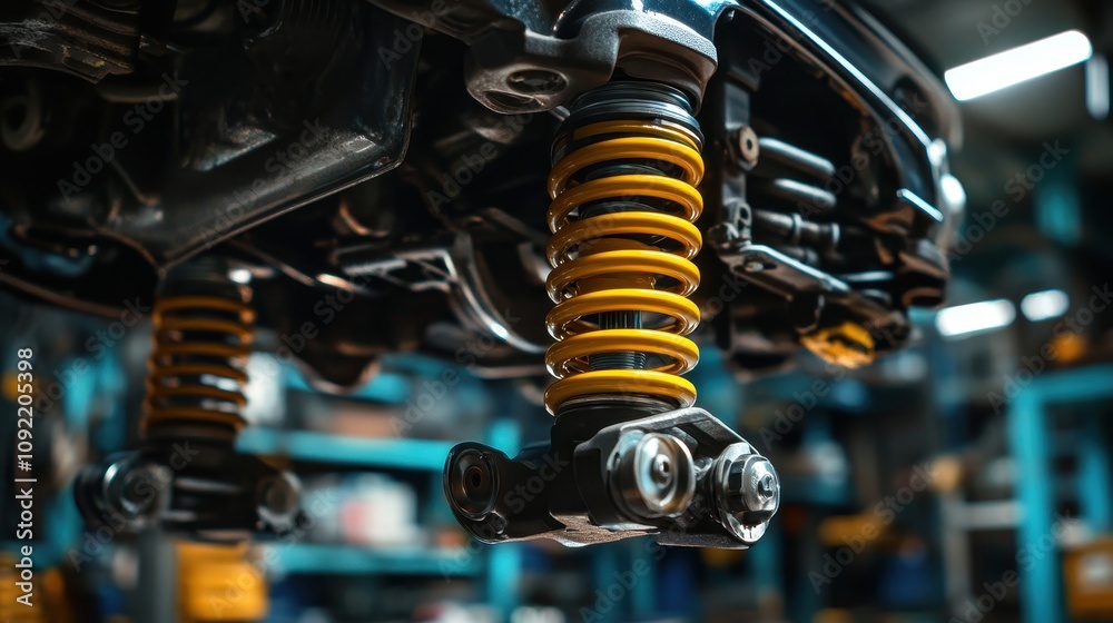 Fototapeta premium Close-up of car suspension system. Ideal for automotive repair, maintenance, or engineering projects.