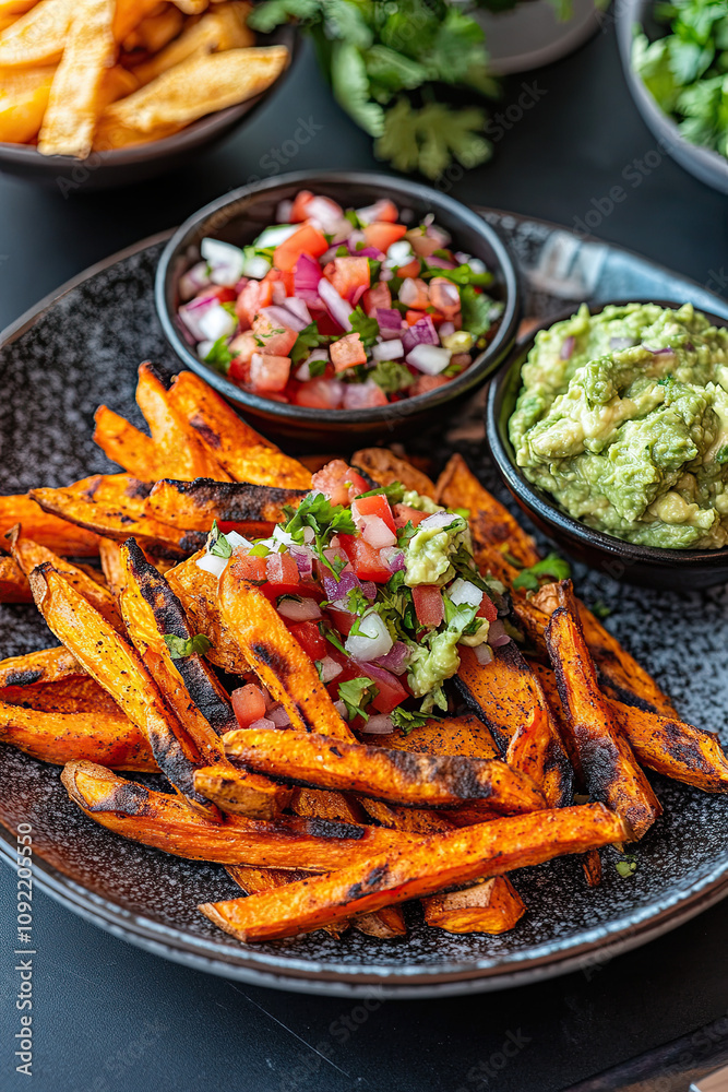 A plate of baked sweet potato fries served with a side of guacamole