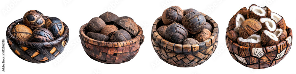 Obraz premium Coconut in a basket isolated on white background. Collection Png.