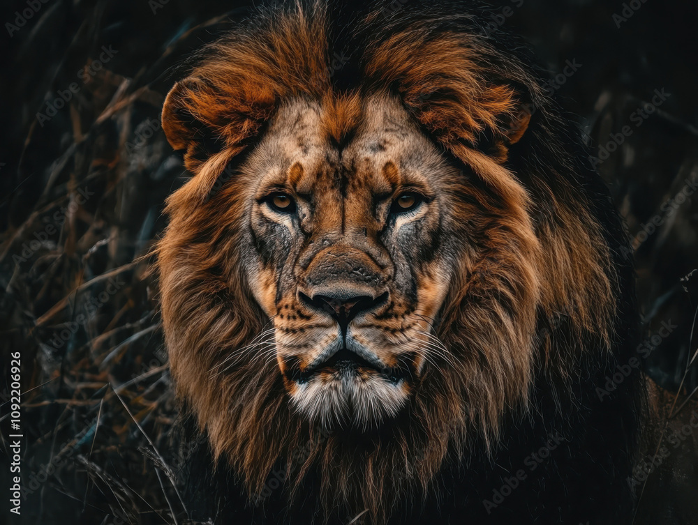 Fototapeta premium Fierce lion closeup african savanna wildlife photography natural habitat intense perspective showcasing strength and power