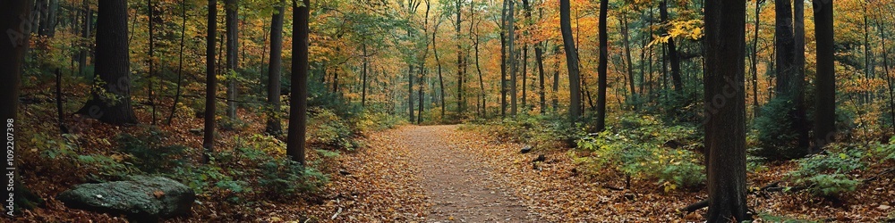 Obraz premium 2410_007.woodland hiking trail in early autumn, fallen leaves on dirt path, towering trees with changing foliage, lush understory vegetation, natural forest corridor, mixed green and golden leaves,