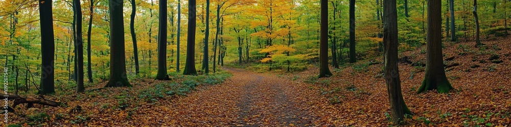2410_007.woodland hiking trail in early autumn, fallen leaves on dirt path, towering trees with changing foliage, lush understory vegetation, natural forest corridor, mixed green and golden leaves, 2410_007.woodland hiking trail in early autumn, fallen leaves on dirt path, towering trees with changing foliage, lush understory vegetation, natural forest corridor, mixed green and golden leaves,
