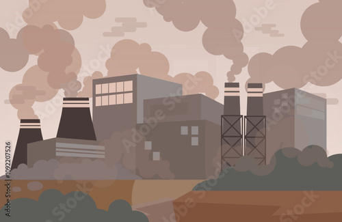 Smoke-Emitting Factories in a Polluted Cityscape