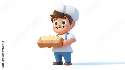 A cheerful cartoon baker holds a loaf of bread, showcasing a fun, inviting atmosphere. photo