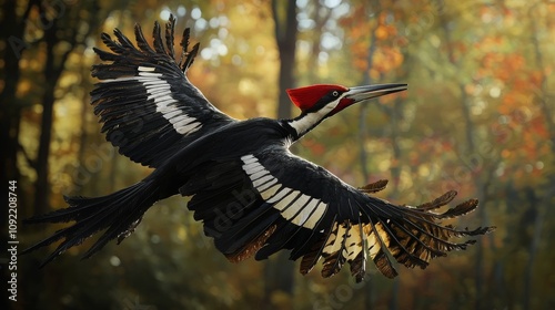 Woodpecker in Flight Amidst Forest Background photo