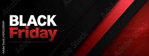 Wallpaper Mural Texte "Black Friday" en anglais, design graphique noir et rouge avec bandes diagonales modernes, idéal pour campagnes promotionnelles et publicitaires du Black Friday, espace négatif copyspace. Torontodigital.ca