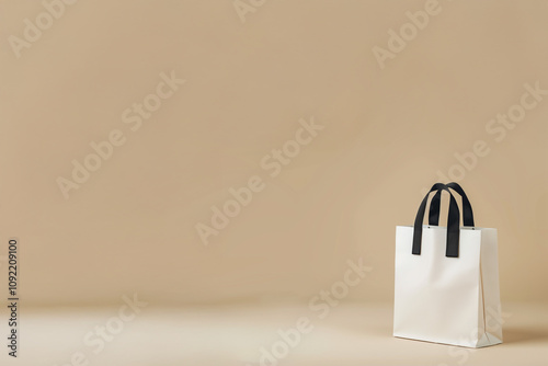 Sac en papier blanc avec anses noires sur fond beige clair avec espace négatif, concept minimaliste pour promotion du Black Friday, shopping et mode, copyspace photo