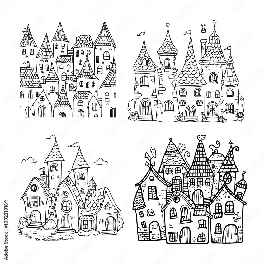 Fototapeta premium Black and white doodle house or town silhouette, village illustration silhouette