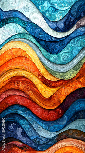 Vibrant Abstract Waves in Blue and Orange with Dynamic Colors and Textured Patterns