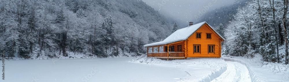 Fototapeta premium Experience cozy winter retreat in a snowy forest cabin nature's tranquil haven