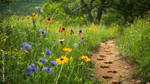 A collection of footprints on a path lined with vibrant wildflowers, representing the diverse journeys towards a more inclusive and equitable society