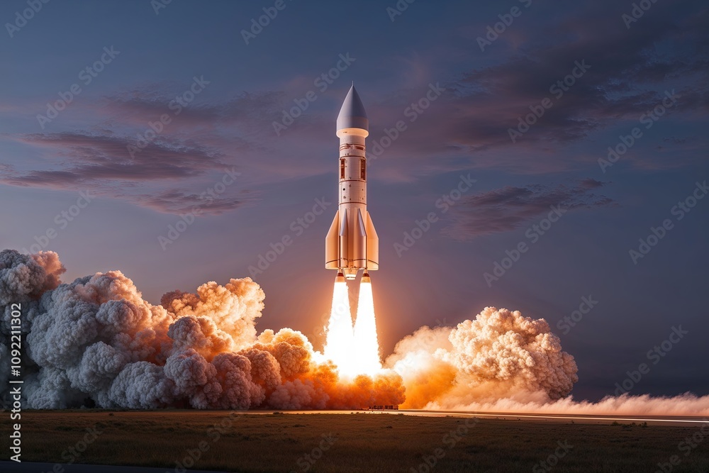 Obraz premium Futuristic Rocket Launch Spectacle with Bright Flames and Smoke Trail