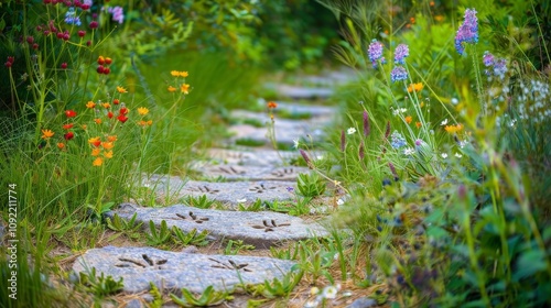 A collection of footprints on a path lined with vibrant wildflowers, representing the diverse journeys towards a more inclusive and equitable society
