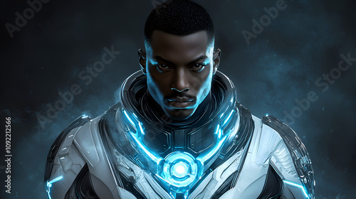 Futuristic Cybernetic Hero Portrait in Advanced Armor with Glowing Blue Light