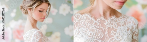 Bride s lace dress details in soft focus, pastel floral background, dreamy and vintage photo