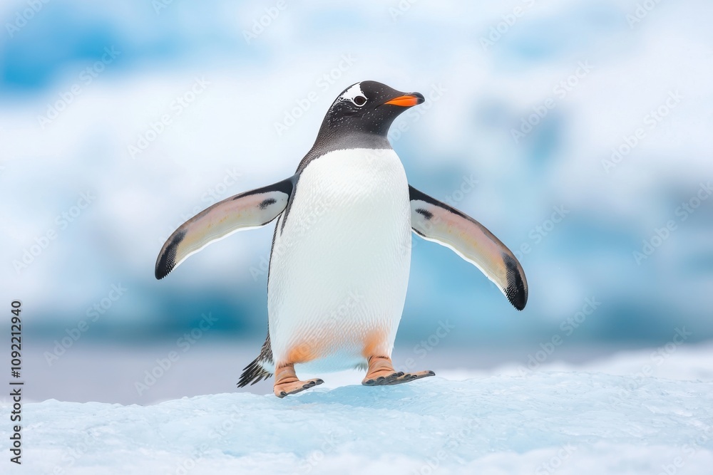 Fototapeta premium A solitary Gentoo penguin stands proudly on an icy surface, showcasing its unique black and white plumage against a backdrop of glacial blue ice and snow in Antarctica.