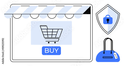 Shopping cart on an online platform, buy button, security shield, and handbag. Ideal for e-commerce, online stores, digital marketing, secure payments retail purchase safety consumer goods. Line