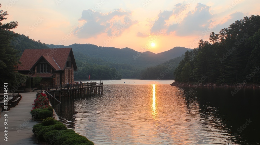 Fototapeta premium Serene sunset over a lake with mountains and a wooden structure.