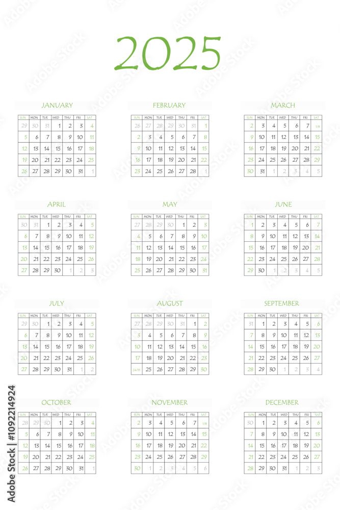 2025 calendar planner. Corporate week. Template layout, 12 months yearly, white background. Simple design for business brochure, flyer, print media, advertisement. Week starts from Monday.