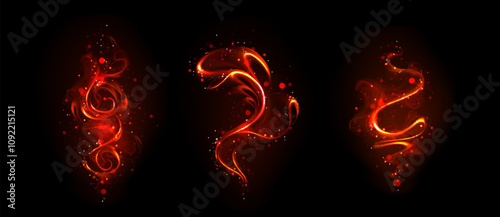Fiery red magical traces swirling on dark background. Glowing orange wand trails create mystical spiral patterns effect surrounded by luminous sparks. Enchanted fantasy smoke design elements.