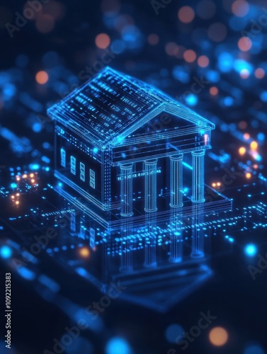 Glowing blue digital bank icon on blue backdrop with mock up place. Online banking and transaction concept. 3D Rendering