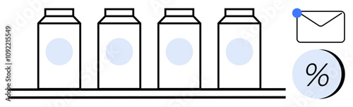Milk cartons neatly arranged on shelf alongside email notification and percentage sign. Ideal for business, grocery, product marketing, e-commerce, online notifications, discounts, and retail