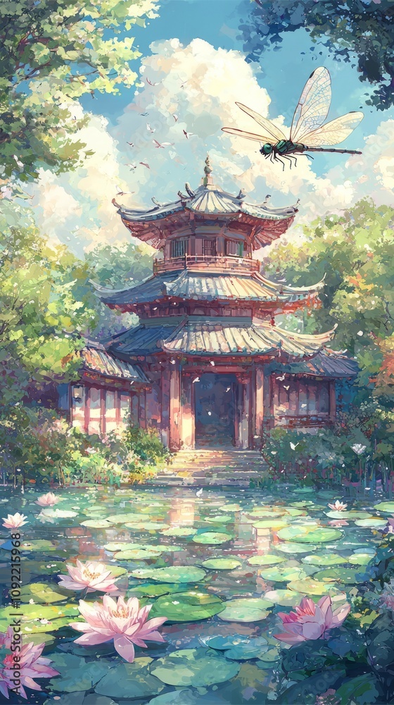 Obraz premium Serene traditional pavilion surrounded by a tranquil pond and lush greenery.