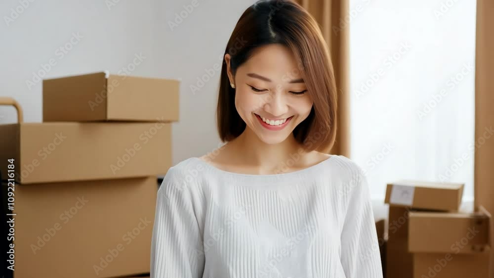 Cheerful young woman smiling brightly, surrounded by cardboard boxes, symbolizing a new beginning, relocation, or unpacking at home. Cheerful young woman smiling brightly, surrounded by cardboard boxes, symbolizing a new beginning, relocation, or unpacking at home.