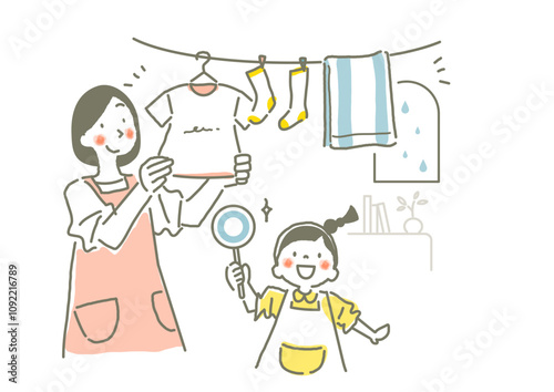 一緒に洗濯物を部屋干しするお母さんと女の子　お洒落でかわいい手描きイラスト