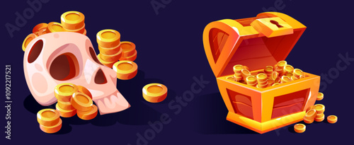 Open wooden chest filled with shining treasure and skull surrounded by scattered gold coins. Dark mystical setting with pirate themed design for game rewards or adventure interface elements.