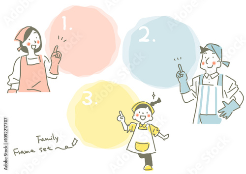 家事をする3人家族のフレームセット　お洒落でかわいい手描きイラスト
