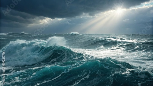 An unsettled ocean with choppy waves and strong currents illuminated by a bright light source, motion, seascapes