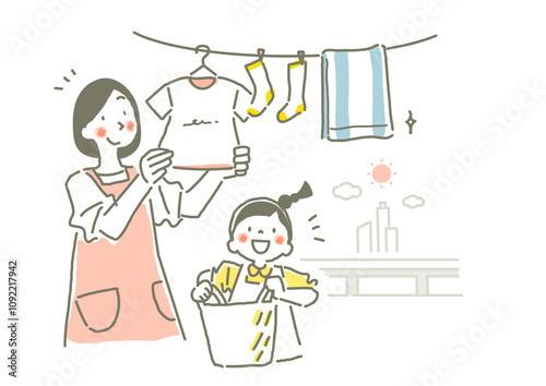 一緒に洗濯物を干すお母さんと女の子　お洒落でかわいい手描きイラスト