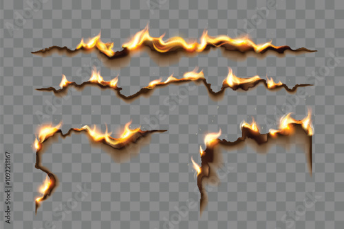 Burning paper edges with glowing flames and dark scorched borders on transparent background. Realistic 3d curved patterns with different stages of combustion with orange and yellow fire tongues.