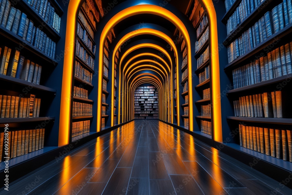 Fototapeta premium A dramatic scene of adults learning in a dim, gothic library with towering shelves of ancient books