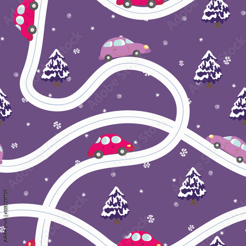 Seamless pattern with cute cars, christmas tree on blue winter background. Cartoot transport. Vector illustration. Doodle style. Design for baby print, invitation, poster, card, fabric, textile.