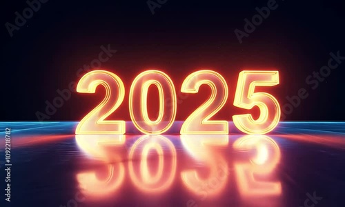 The image shows a 3D rendering of the number '2025' in neon orange  , floating on a reflective surface. Generative AI