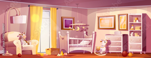 Cozy beige newborn nursery room interior with soft yellow curtains, wooden floor with scattered toys, white crib decorated with stars mobile, soft armchair, lamp, storage cabinet with baby essentials